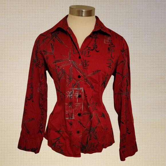 Y2K Red Bamboo Print Button Front Blouse Additions by Chico's Size 0 (6-8) - Picture 1 of 7